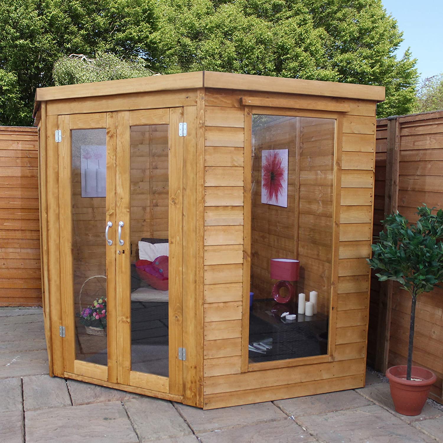 【Home&Garden】Wooden Corner Summerhouse with Side Shed 11x7 Outdoor Garden Storage Garden Room Sunroom