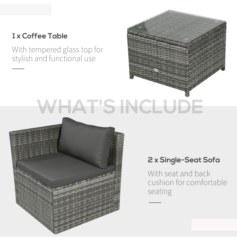 【Furniture】3 Pieces Patio PE Rattan Bistro Set Cushioned Armchair Sofa and Coffee Table Outdoor Furniture