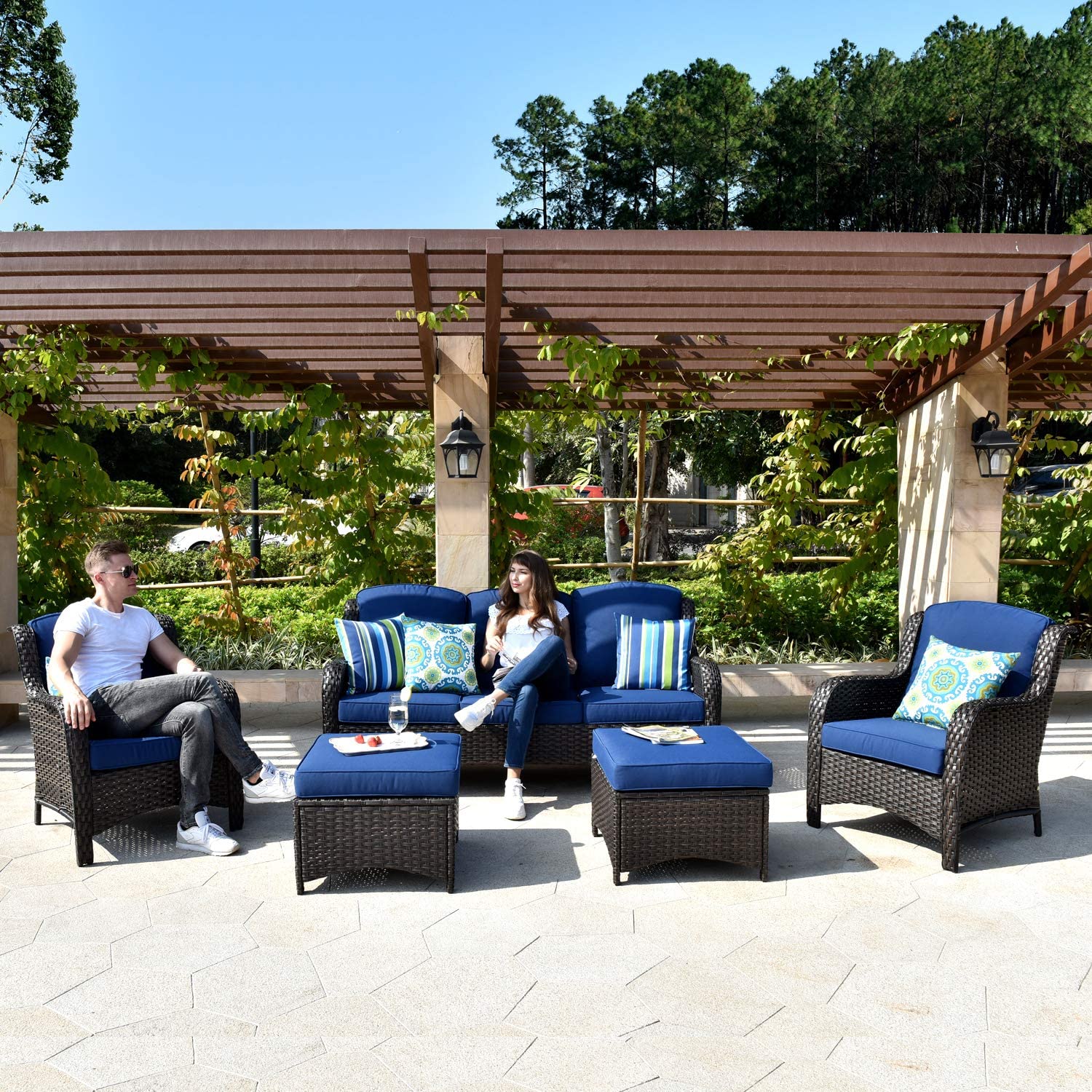 【Furniture】Patio Furniture Sets Outdoor Conversation Set All Weather Wicker High Back Couch with Ottomans