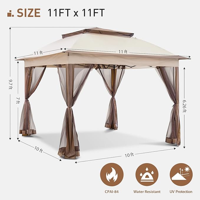 Joyside 11'x11' Pop Up Gazebo for Patios Canopy Tent with Sidewalls Outdoor Gazebo with Mosquito Netting Pop Up Canopy Shelter Wedding Tent (Beige)