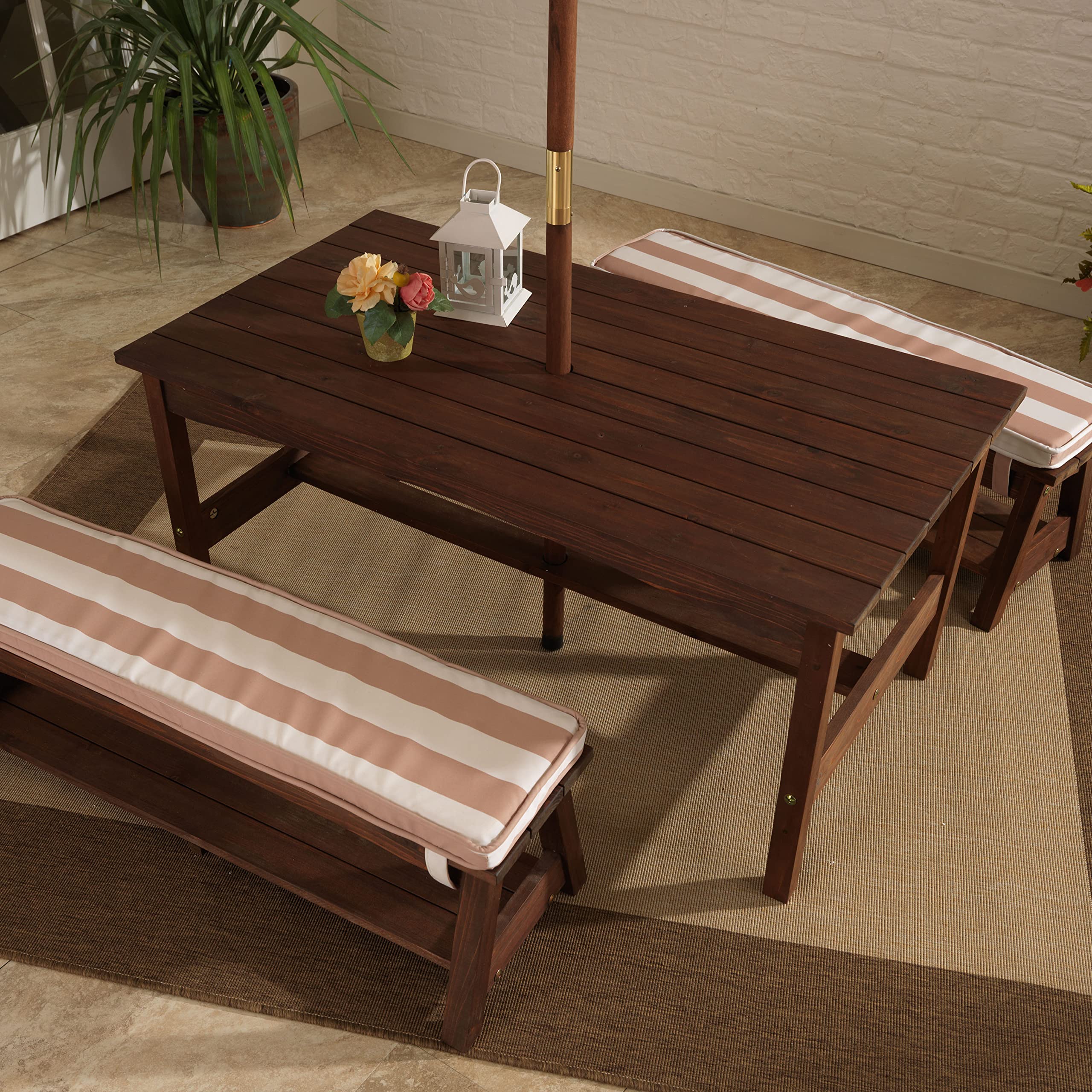 【Furniture】Outdoor Wooden Table & Bench Set with Cushions and Umbrella, Kids Backyard Furniture