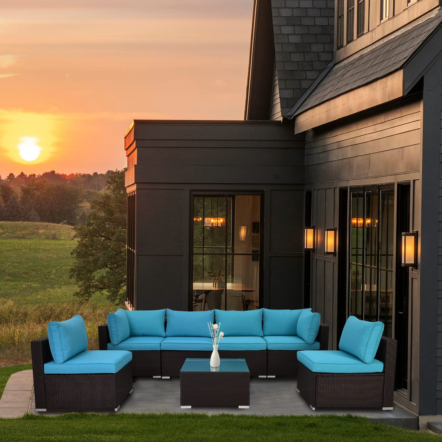 【Furniture】Outdoor Patio Furniture Set, 7 Pcs Patio Conversation Set Sectional Rattan Sofa Set
