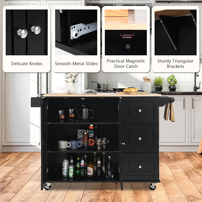 TANGZON Large Rolling Kitchen Island, Kitchen Storage Trolley with Extendable Wood Worktop, Adjustable Shelves, 3 Drawers & Side Handles, Mobile Utility Serving Cart for Home Dining Room