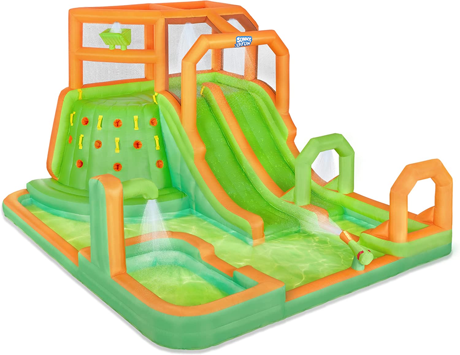 【Sports&Outdoors】【BS】Inflatable Water Slide Park - Climbing Wall, 2 Slides, Splash & Deep Pool
