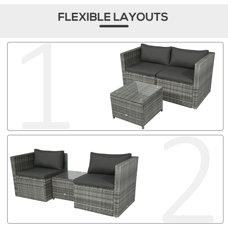 【Furniture】3 Pieces Patio PE Rattan Bistro Set Cushioned Armchair Sofa and Coffee Table Outdoor Furniture