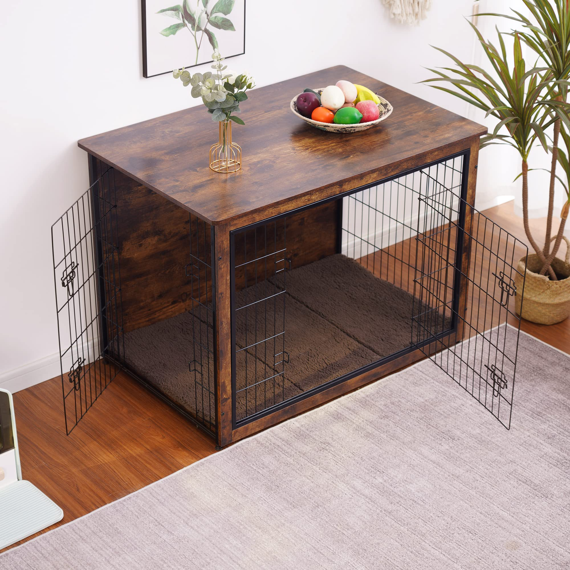 【Home&Garden】Dog Crate Furniture with Cushion, XL Wooden Dog Crate with Double Doors, Dog Furniture