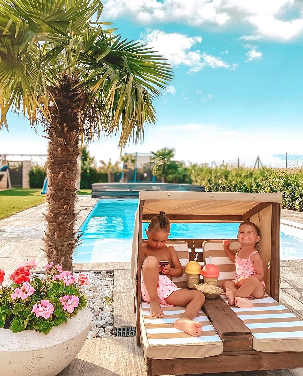 【Furniture】KidKraft 534 Double chaise longue avec porte-gobelets - Expresso et écru - en bois , Meuble de jardin pour enfant, 3-6 Ans