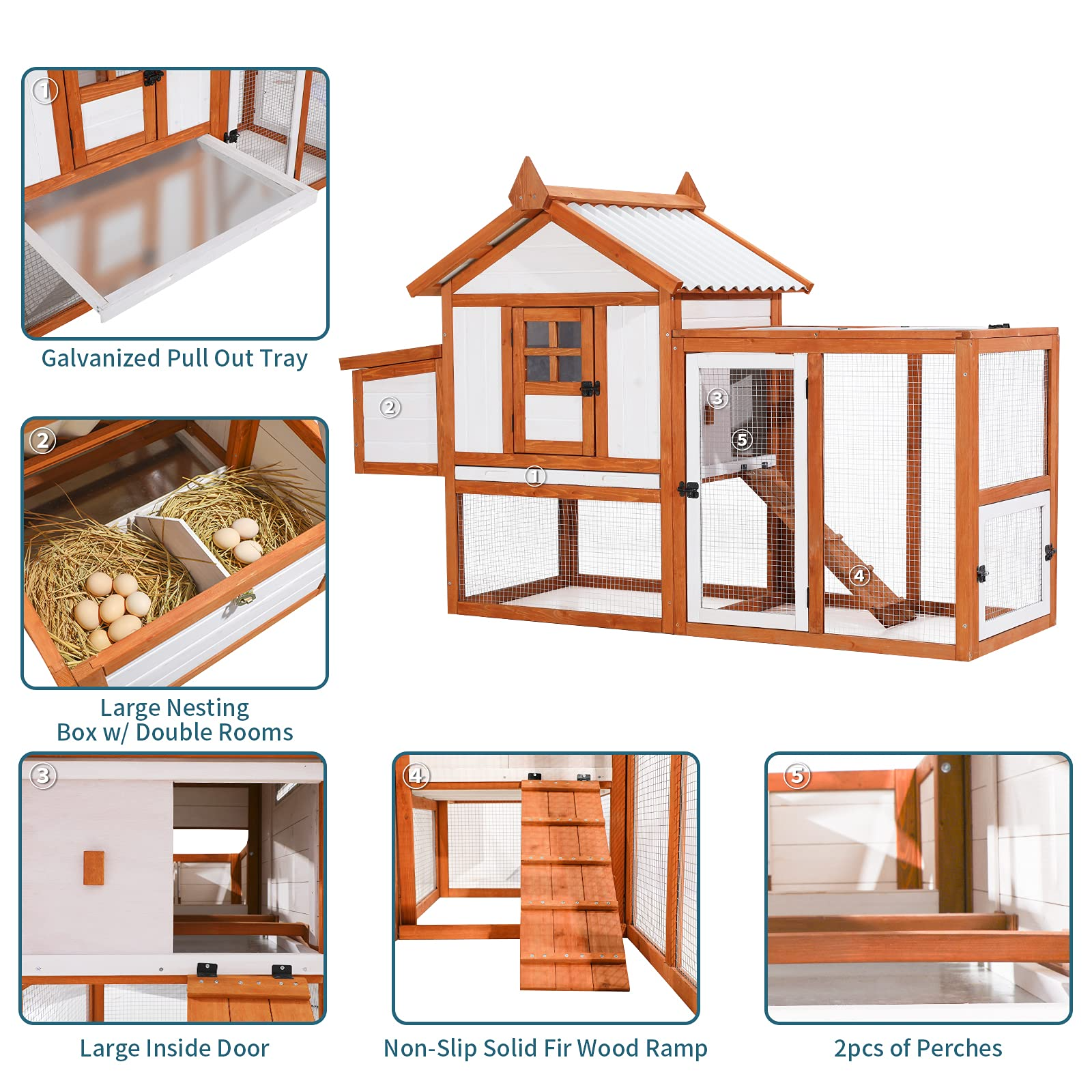 【Home&Garden】Outdoor Wooden Multi-Level Chicken Coop, Poultry Cage wRamps, Run, Nesting Box, Wire Fence