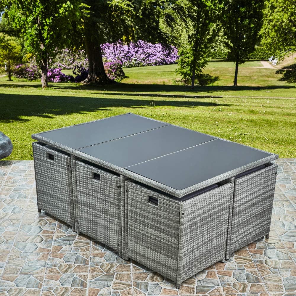 RayGar Deluxe 11 Piece 10 Seater Rattan Cube Dining Table Garden Furniture Patio Set (Grey/Black)