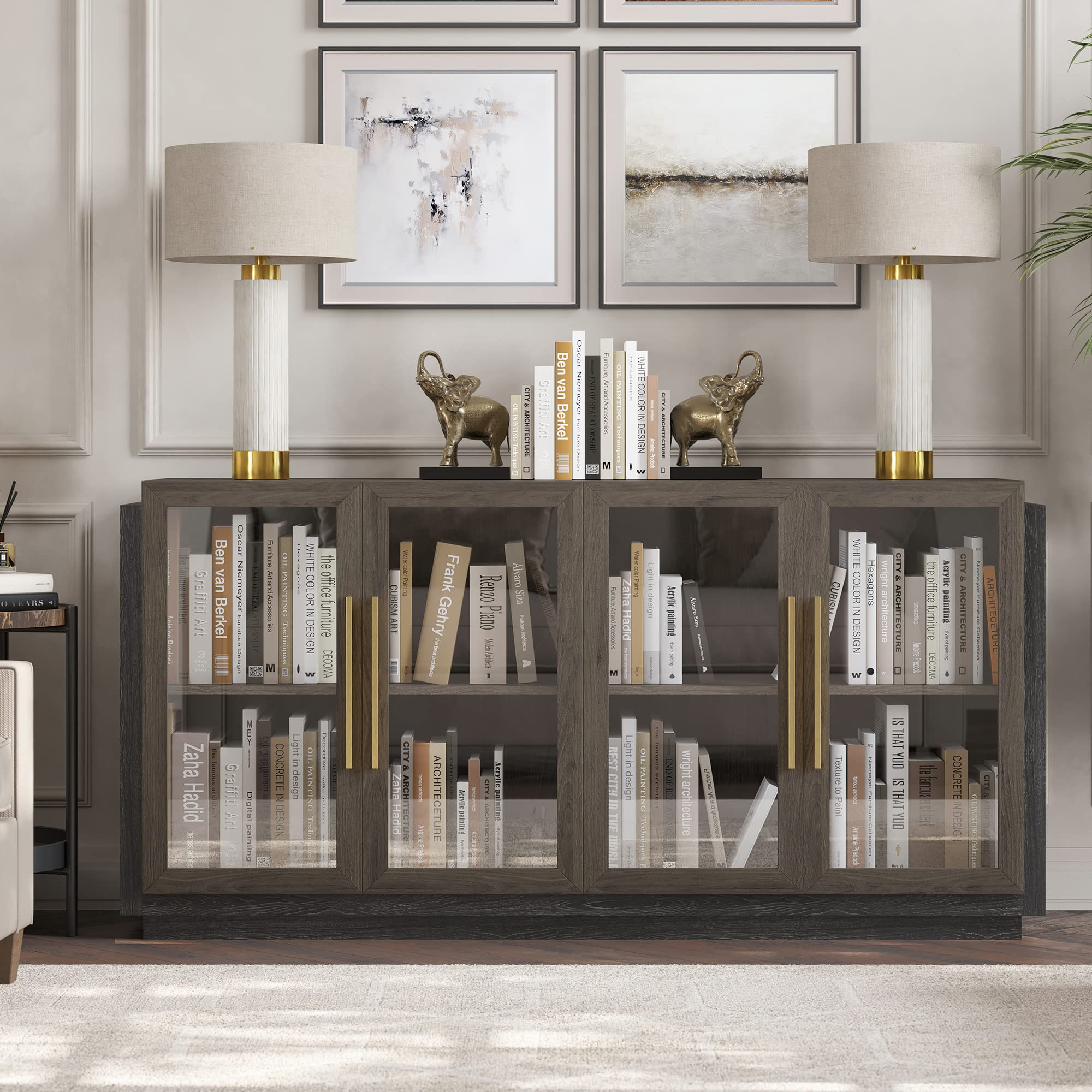 【Furniture】Sideboard Buffet Cabinet, Modern Wood Glass-Buffet-Sideboard with Storage, Console Table
