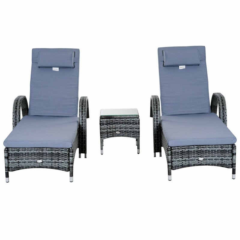【Furniture】3 PCS Patio Wicker Chaise Lounge Chair Set, Outdoor Reclining Chair with Table & Cushion