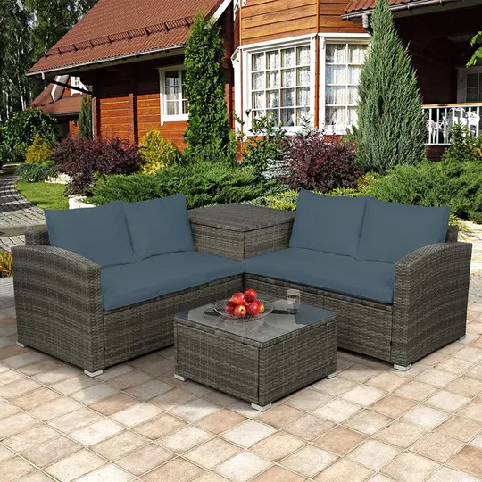 【Furniture】4 PCS Outdoor Cushioned PE Rattan Wicker Sectional Sofa Set