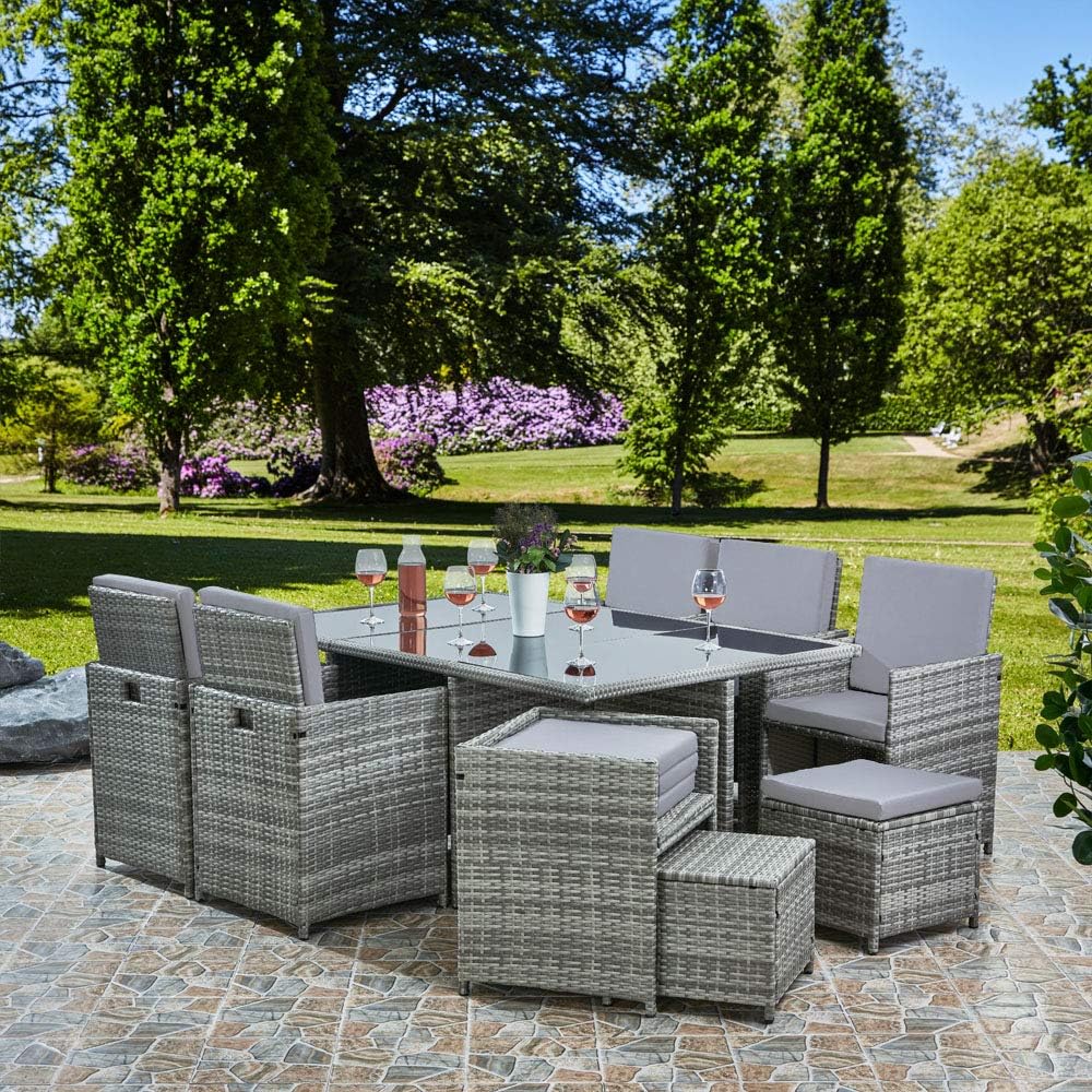RayGar Deluxe 11 Piece 10 Seater Rattan Cube Dining Table Garden Furniture Patio Set (Grey/Black)