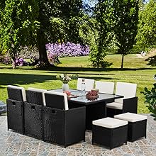 RayGar Deluxe 11 Piece 10 Seater Rattan Cube Dining Table Garden Furniture Patio Set (Grey/Black)