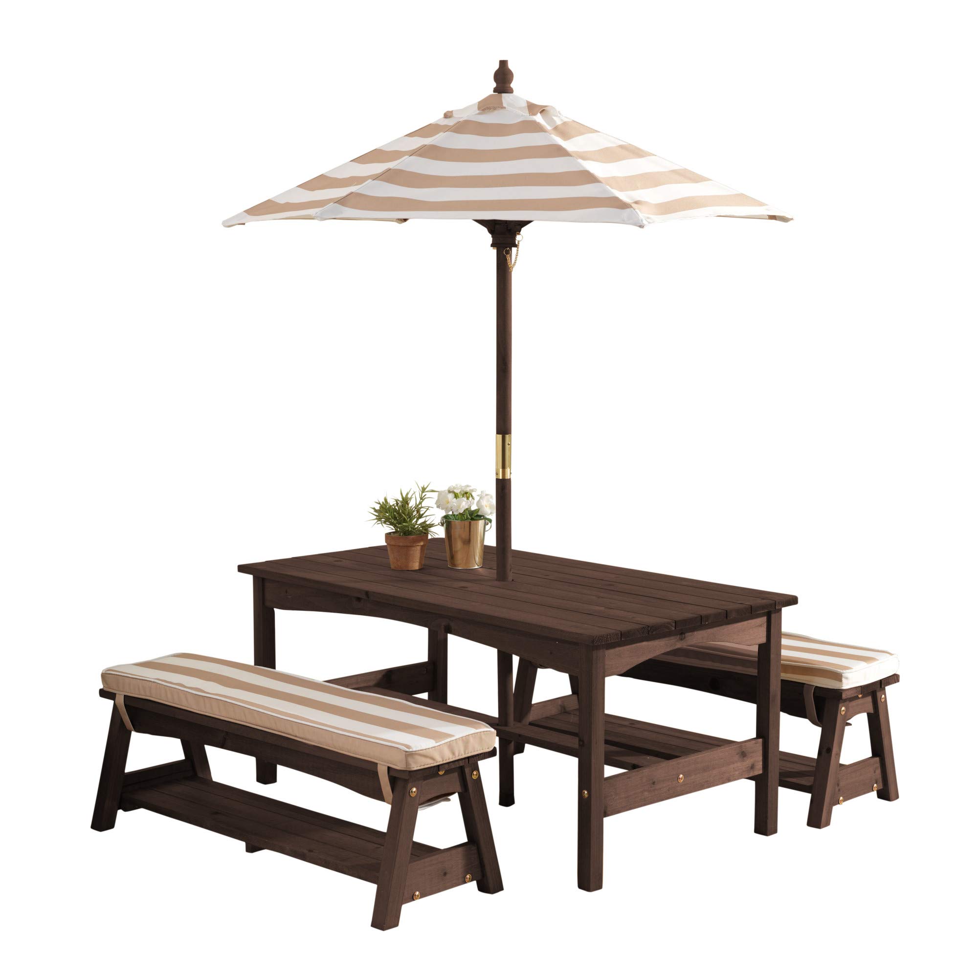 【Furniture】Outdoor Wooden Table & Bench Set with Cushions and Umbrella, Kids Backyard Furniture
