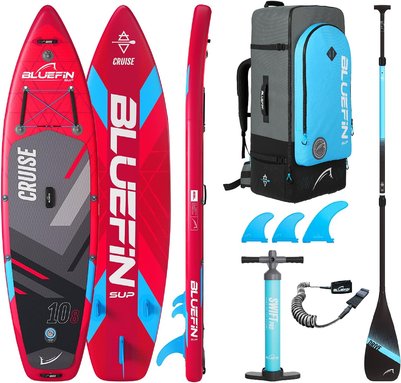 Bluefin Cruise SUP Inflatable Stand Up Paddle Board | Premium Paddleboard Accessories | Multiple sizes: Kids, 9'8, 10'4, 10’8, 12’, 15'
