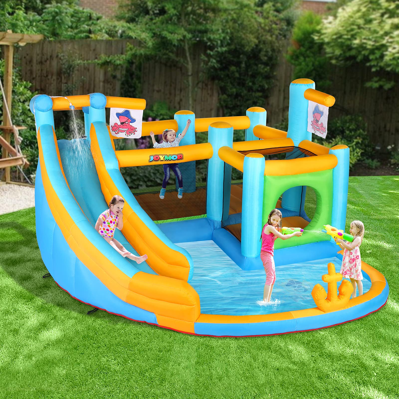 【Sports&Outdoors】Inflatable Water Slide Park, Pirate Themed Bounce House, Obstacle Course, Water Cannon