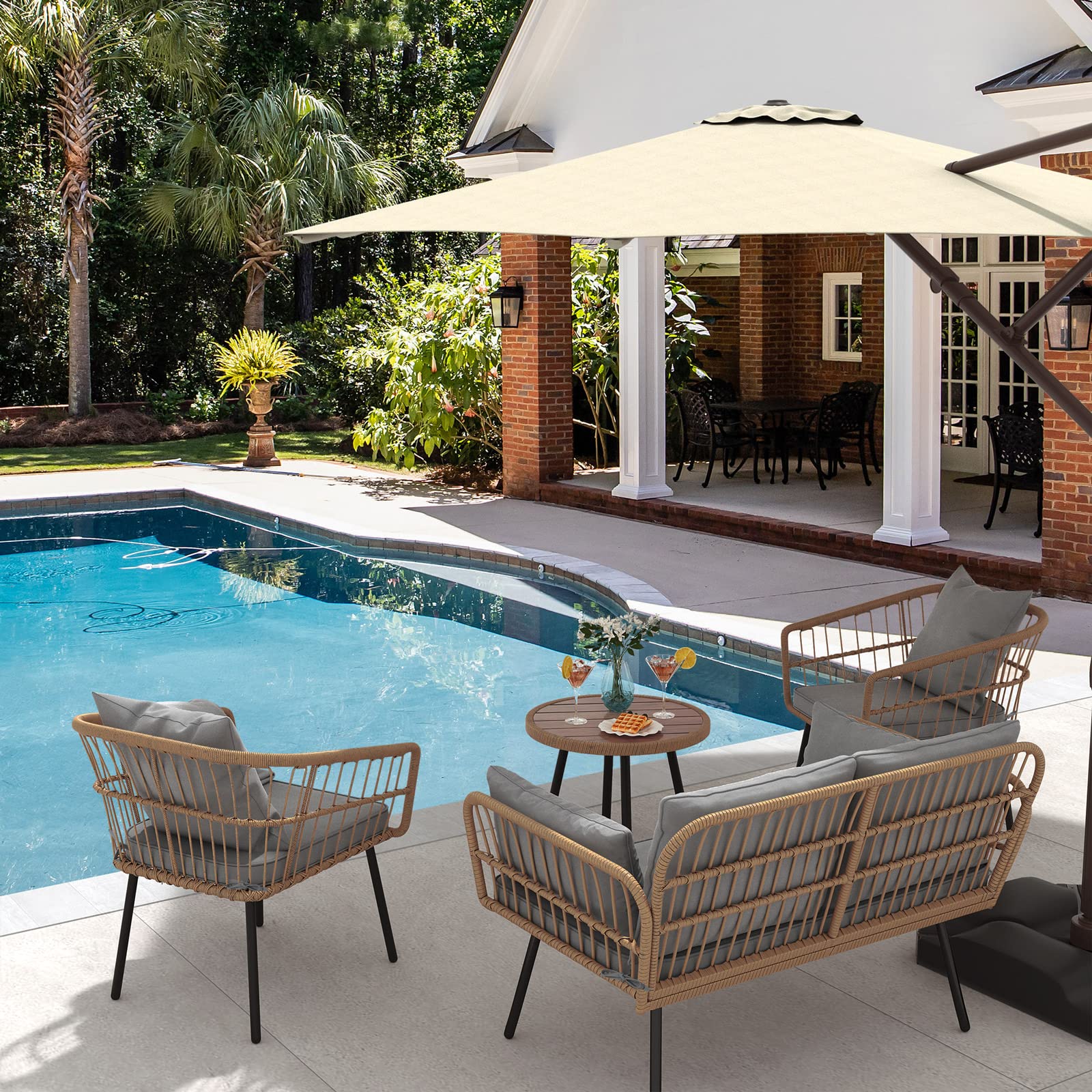 【Furniture】4 Pieces Patio Furniture Set, Wicker Balcony Bistro Set, Outdoor All-Weather Rattan Conversation Set