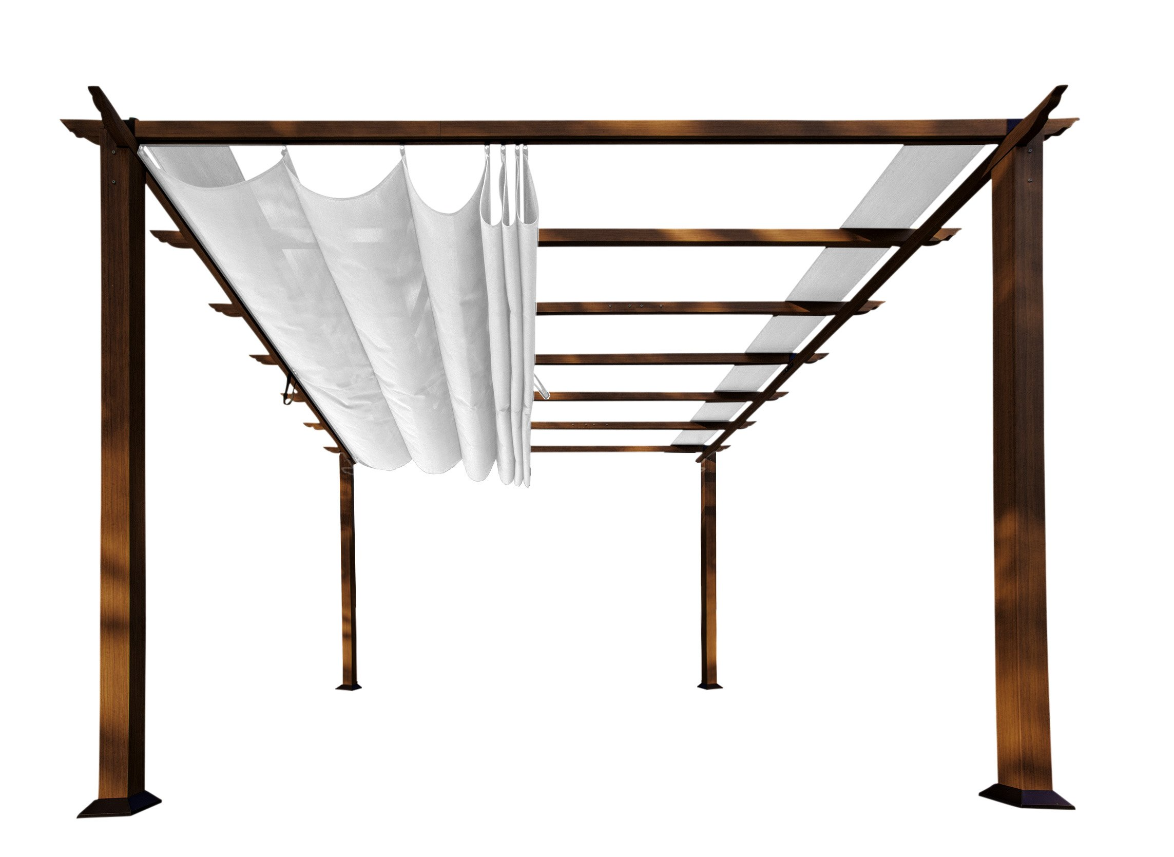 【Home&Garden】11' x 11' Palermo Soft Top Pergola, Chilean Ipe Wood Aluminum Frame Finish with Off-White Canopy