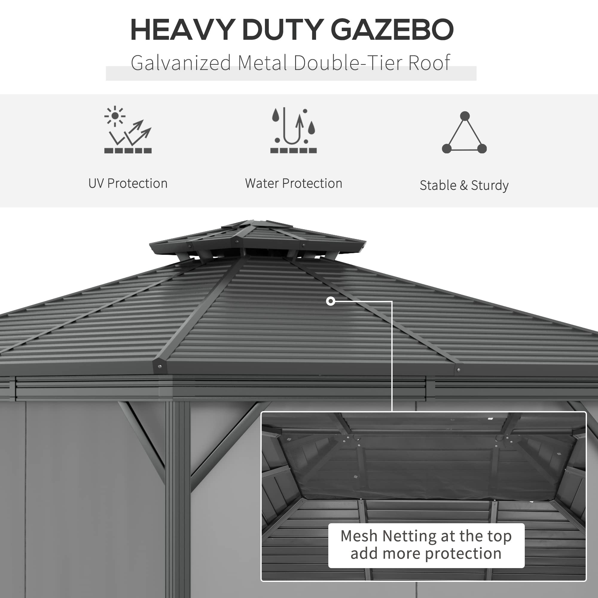 【Gazebo】10x10 Hardtop Gazebo with Aluminum Frame, Permanent Metal Roof Gazebo Canopy w/ Curtains & Netting
