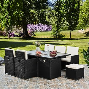 RayGar Deluxe 11 Piece 10 Seater Rattan Cube Dining Table Garden Furniture Patio Set (Grey/Black)