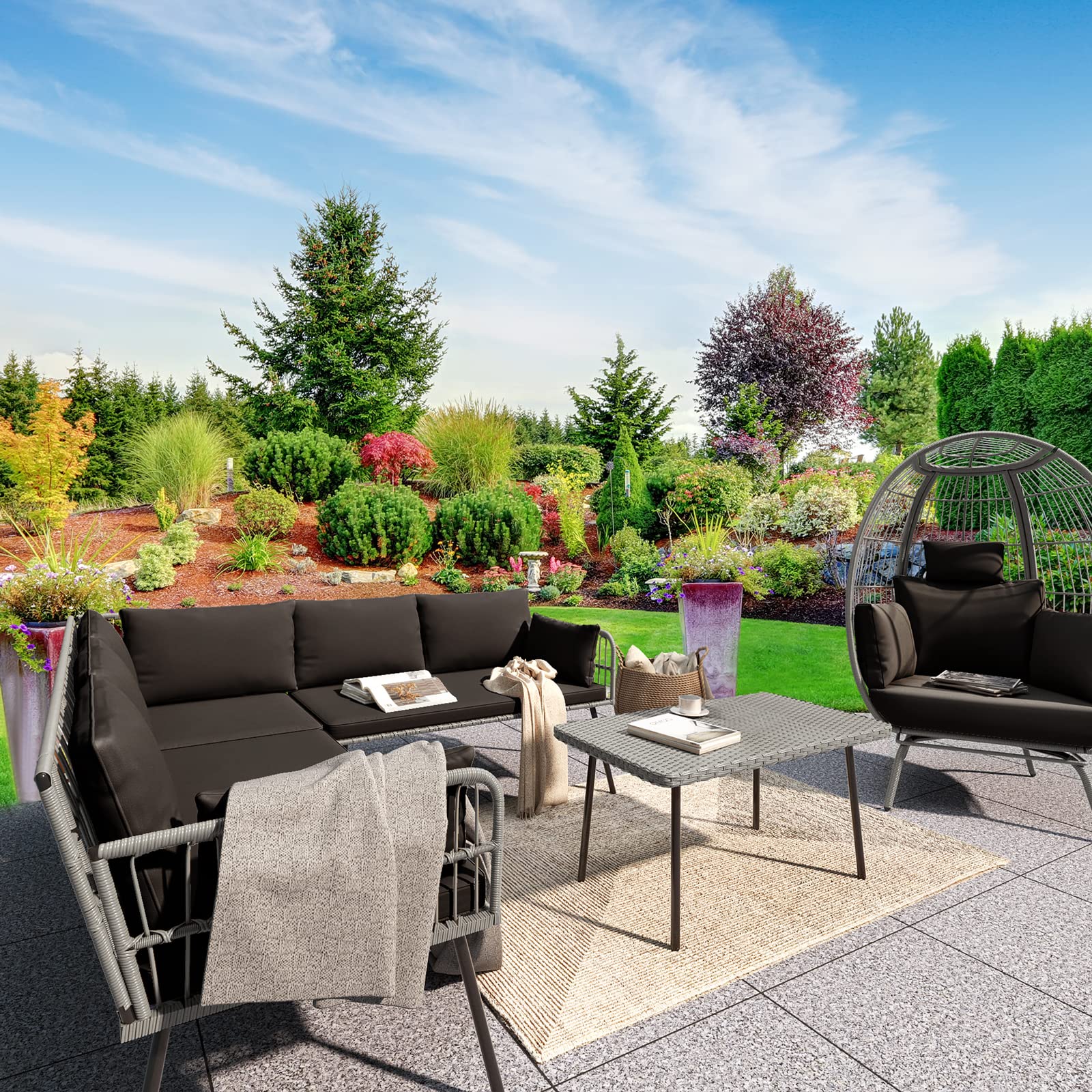 【Furniture】4 Pieces Patio Furniture Set, Wicker Balcony Bistro Set, Outdoor All-Weather Rattan Conversation Set