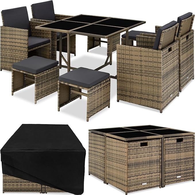 TecTake® Polyrattan Garden Furniture Set with Aluminium Base, Including 4 Dining Chairs, 1 Table, 4 Stools, Foldable Garden Lounge Set, For Up To 8 People, Patio Furniture - grey