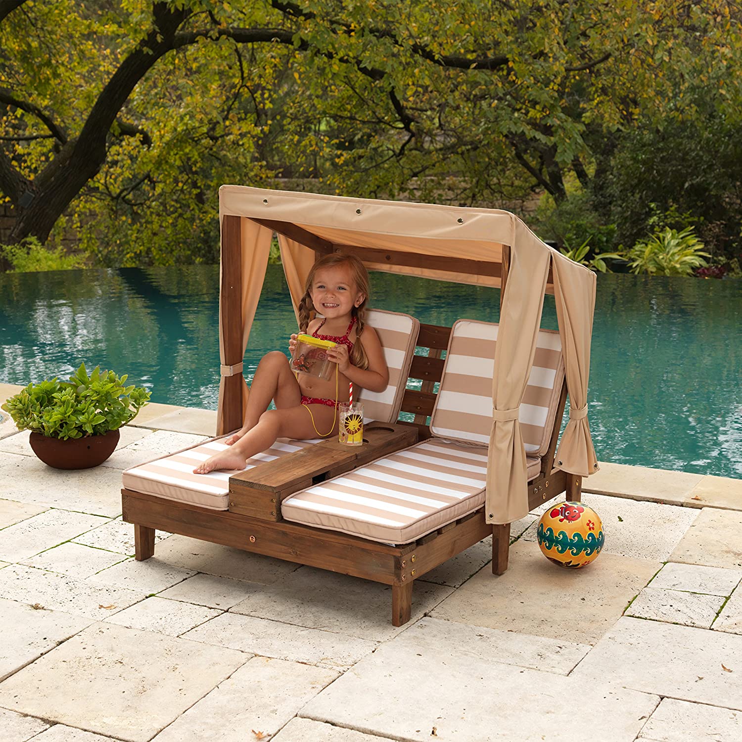 【Furniture】KidKraft 534 Double chaise longue avec porte-gobelets - Expresso et écru - en bois , Meuble de jardin pour enfant, 3-6 Ans