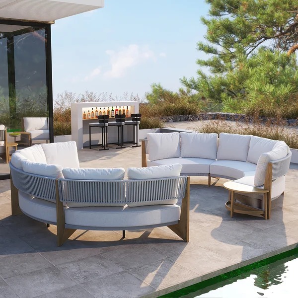 8 Pieces Farmhouse CurvedModular Outdoor PatioSectional Sofa Set withCoffee Table.