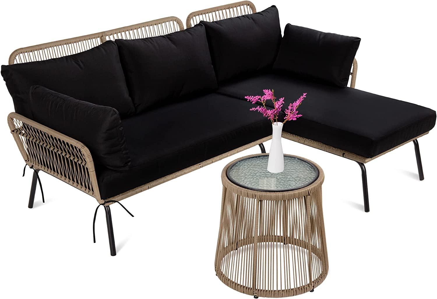 【Furniture】Outdoor Rope Woven Sectional Furniture L-Shaped Sofa Set w/Thick Cushions, Lounger, Side Table