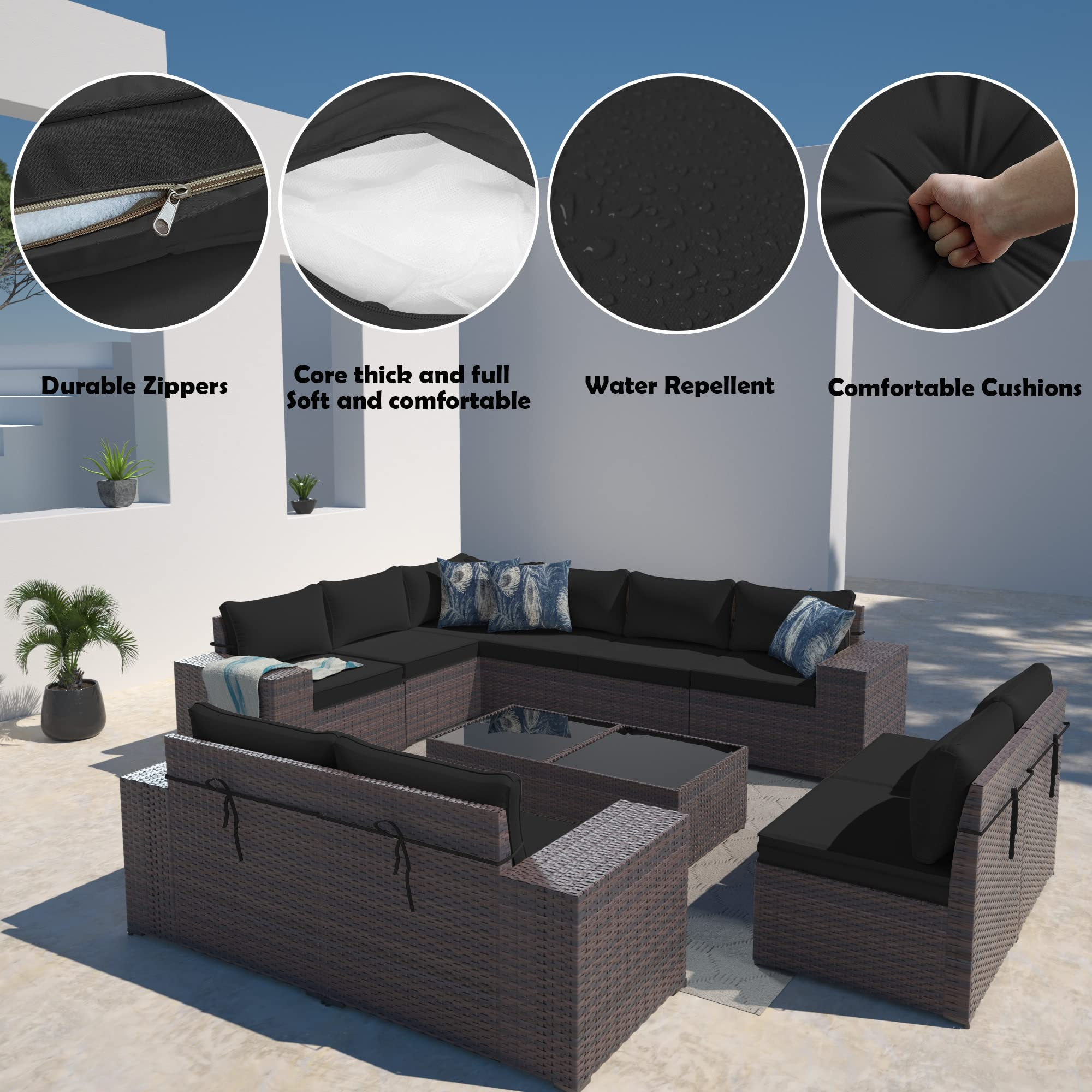 【Furniture】Outdoor Patio Furniture Sets 12-Pc Patio Sectional Furniture with Table & 10 Thickened Cushions