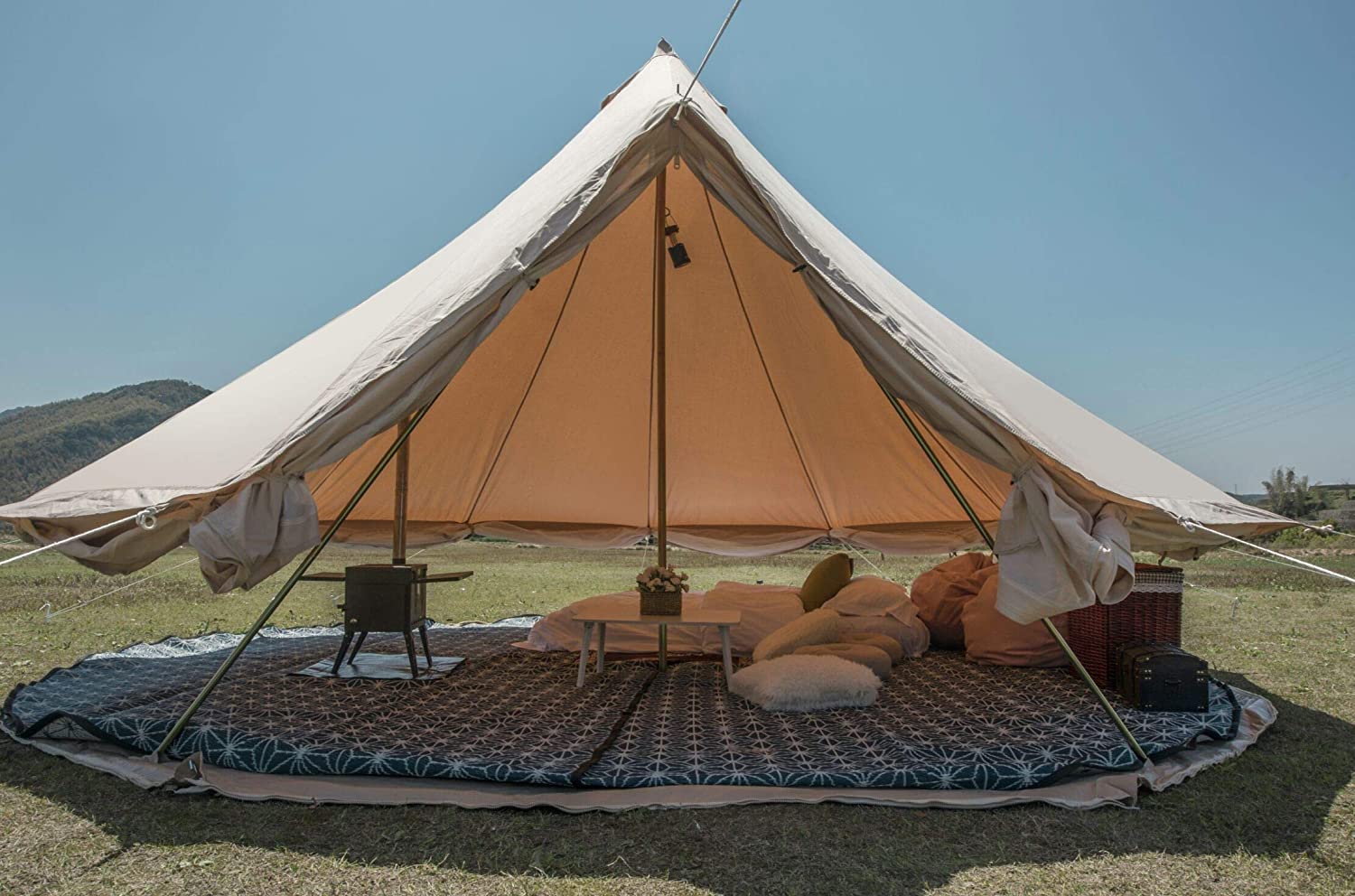 【Sports&Outdoors】Breathable 100% Cotton Canvas Bell Tent, Waterproof Large Tents w Sturdy Center & Door Pole
