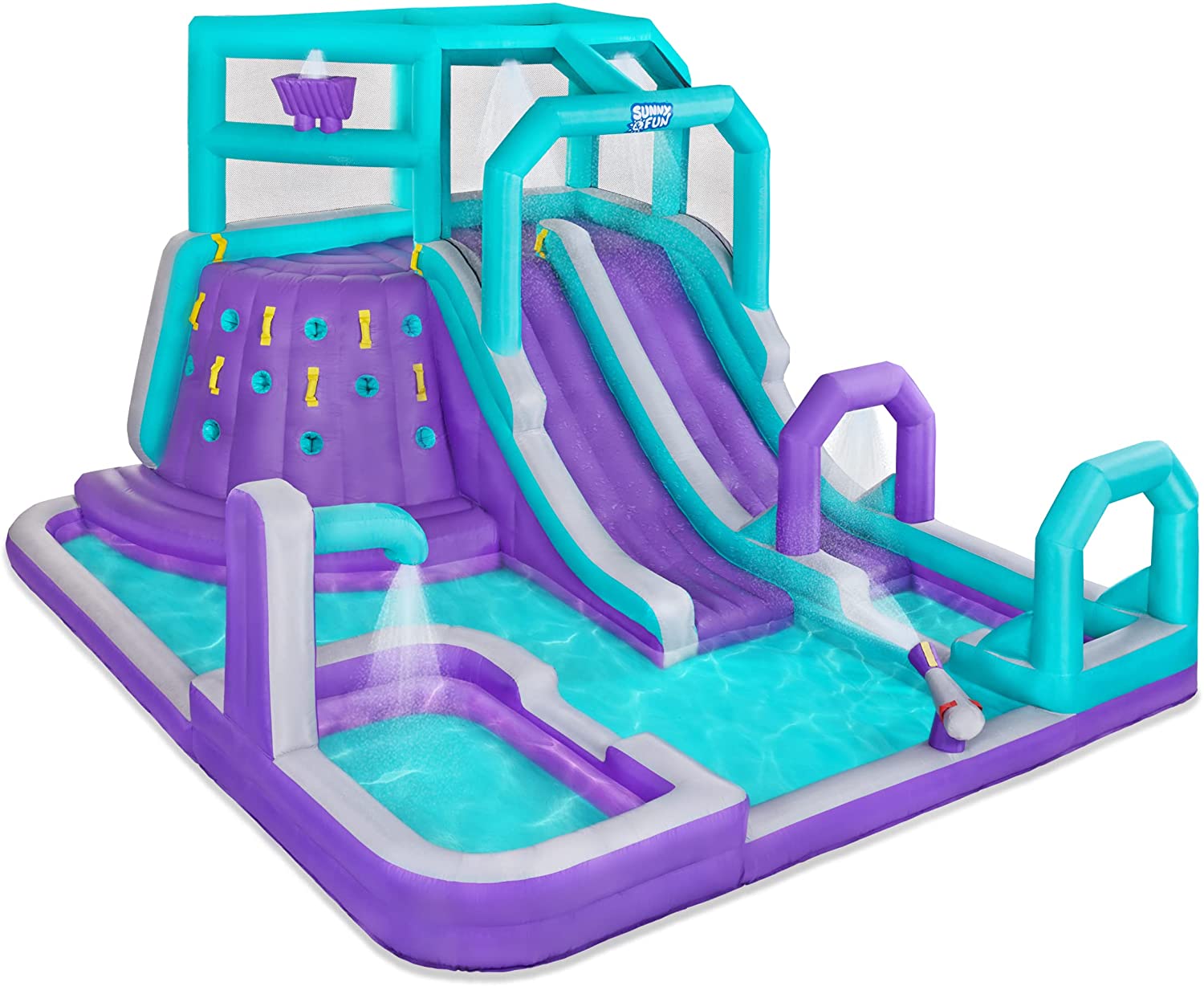 【Sports&Outdoors】【BS】Inflatable Water Slide Park - Climbing Wall, 2 Slides, Splash & Deep Pool