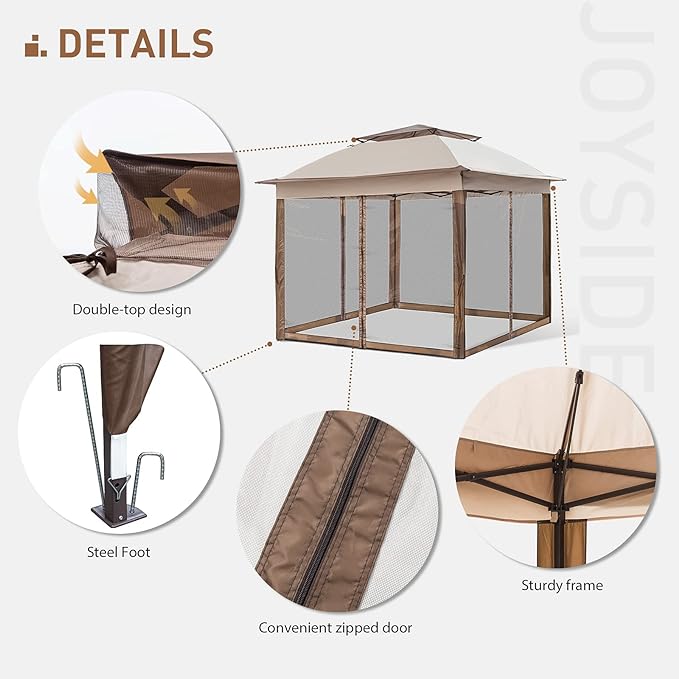 Joyside 11'x11' Pop Up Gazebo for Patios Canopy Tent with Sidewalls Outdoor Gazebo with Mosquito Netting Pop Up Canopy Shelter Wedding Tent (Beige)