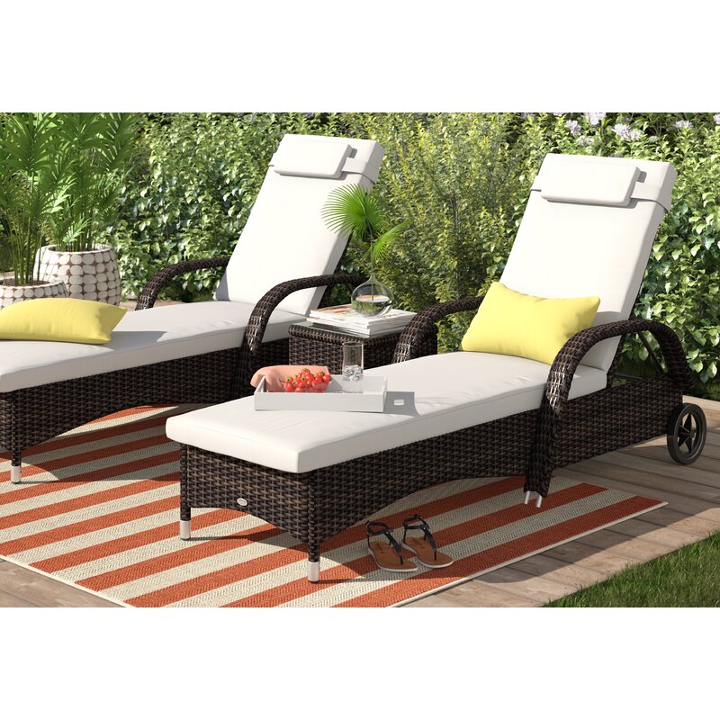 【Furniture】3 PCS Patio Wicker Chaise Lounge Chair Set, Outdoor Reclining Chair with Table & Cushion