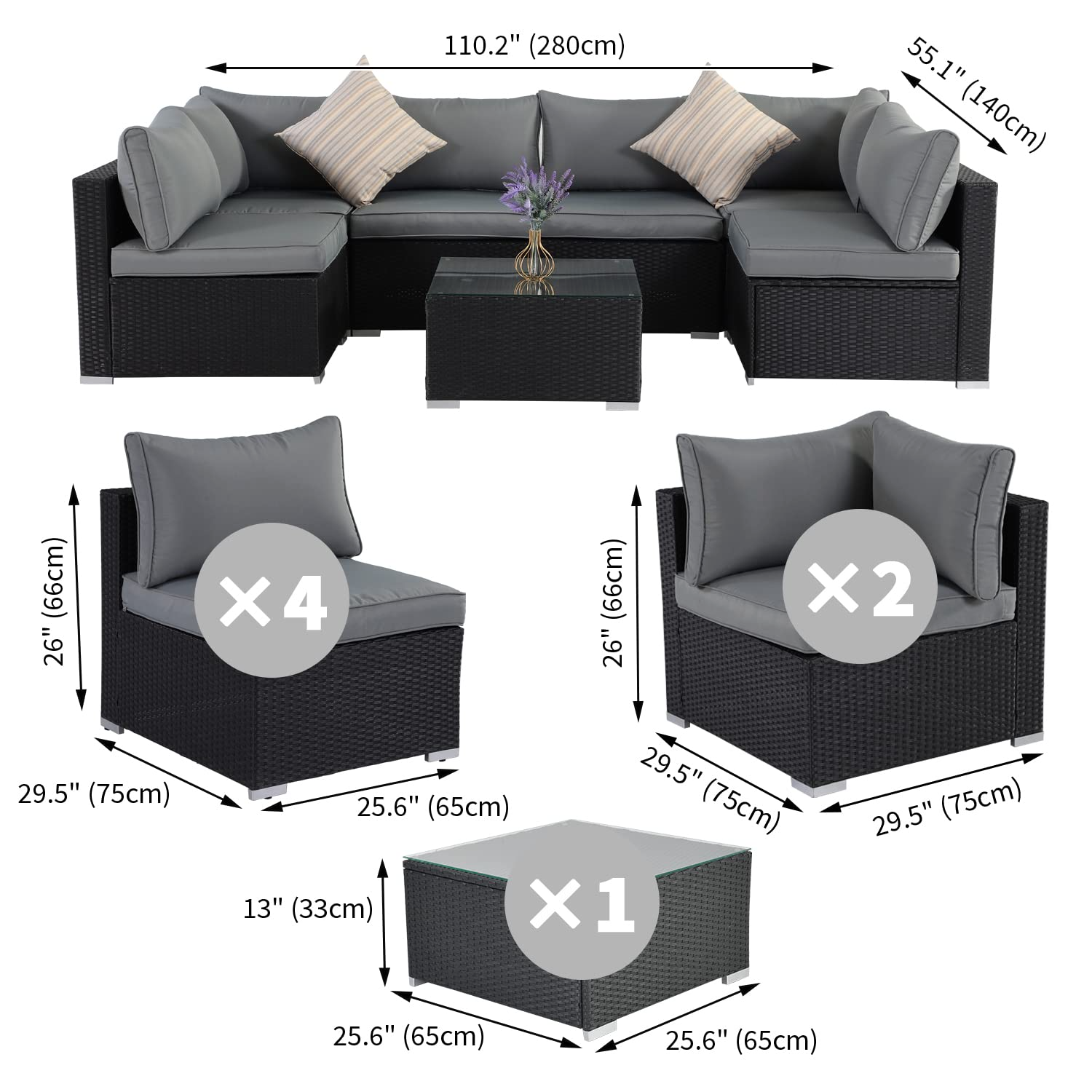 【Furniture】Outdoor Patio Furniture Set, 7 Pcs Patio Conversation Set Sectional Rattan Sofa Set