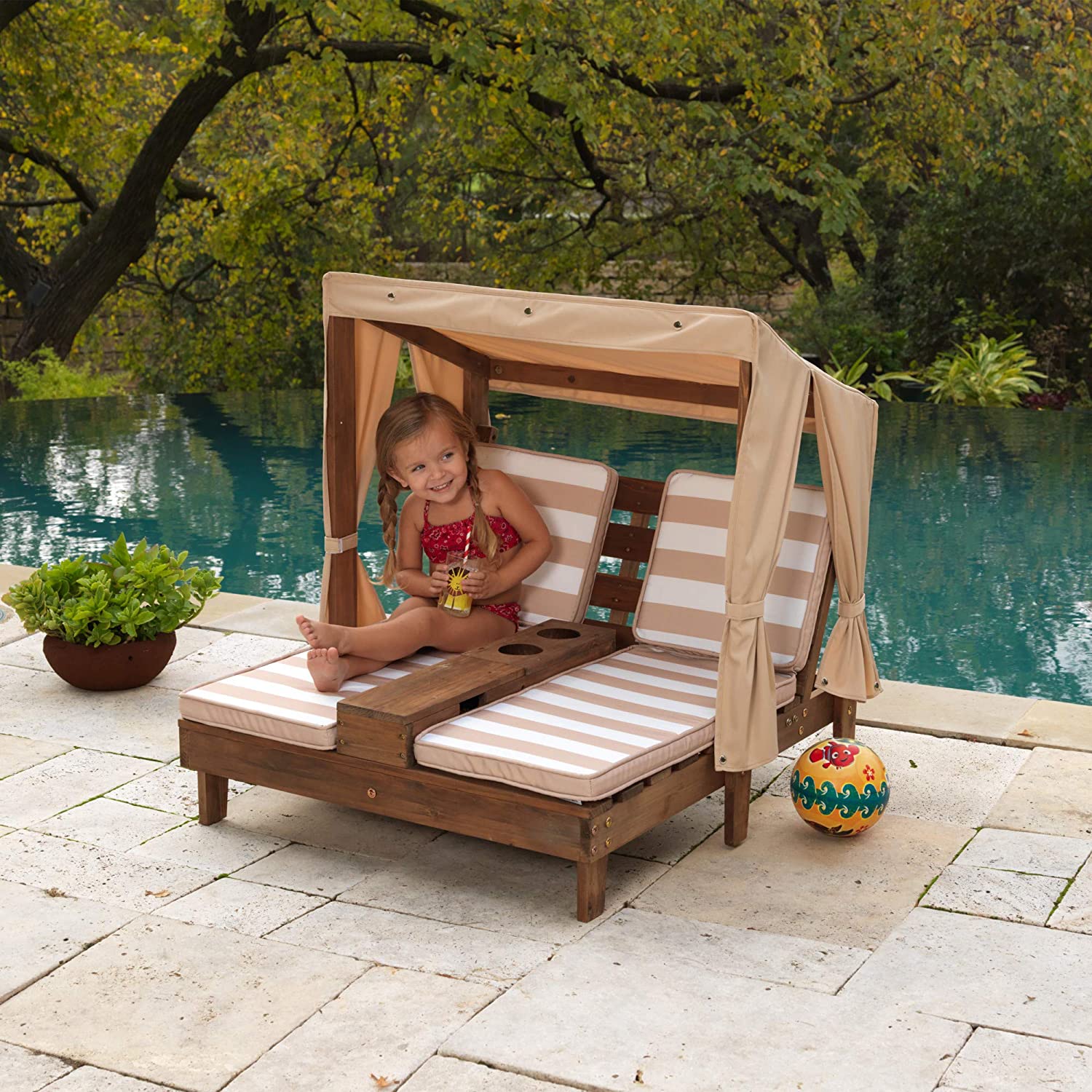 【Furniture】KidKraft 534 Double chaise longue avec porte-gobelets - Expresso et écru - en bois , Meuble de jardin pour enfant, 3-6 Ans