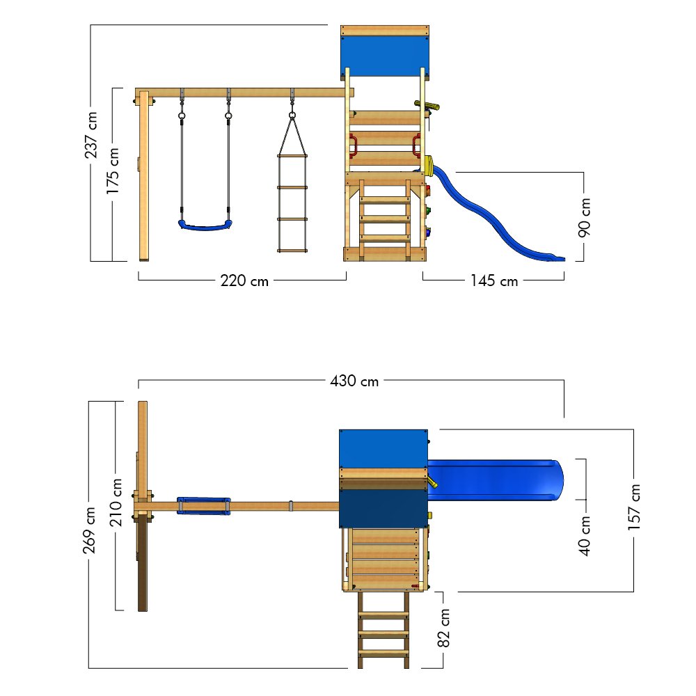 【Sports&Outdoors】Wooden climbing frame TurboFlyer with swing set and blue slide, Garden playhouse