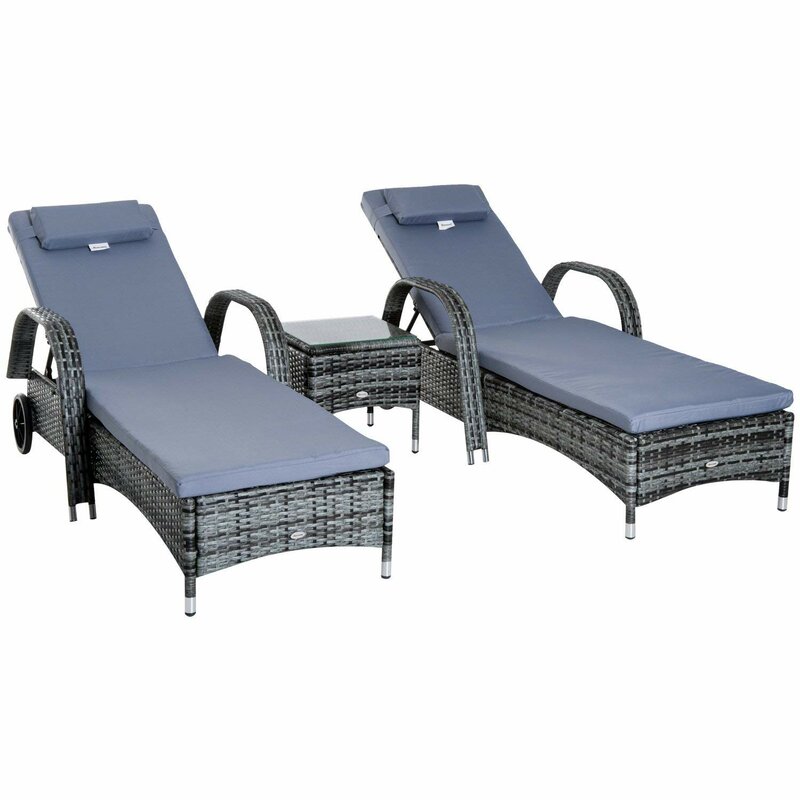 【Furniture】3 PCS Patio Wicker Chaise Lounge Chair Set, Outdoor Reclining Chair with Table & Cushion