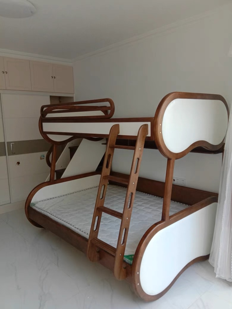 YouSheng all solid wood high and low bed under the mother bed white waxed wood upholstered beds