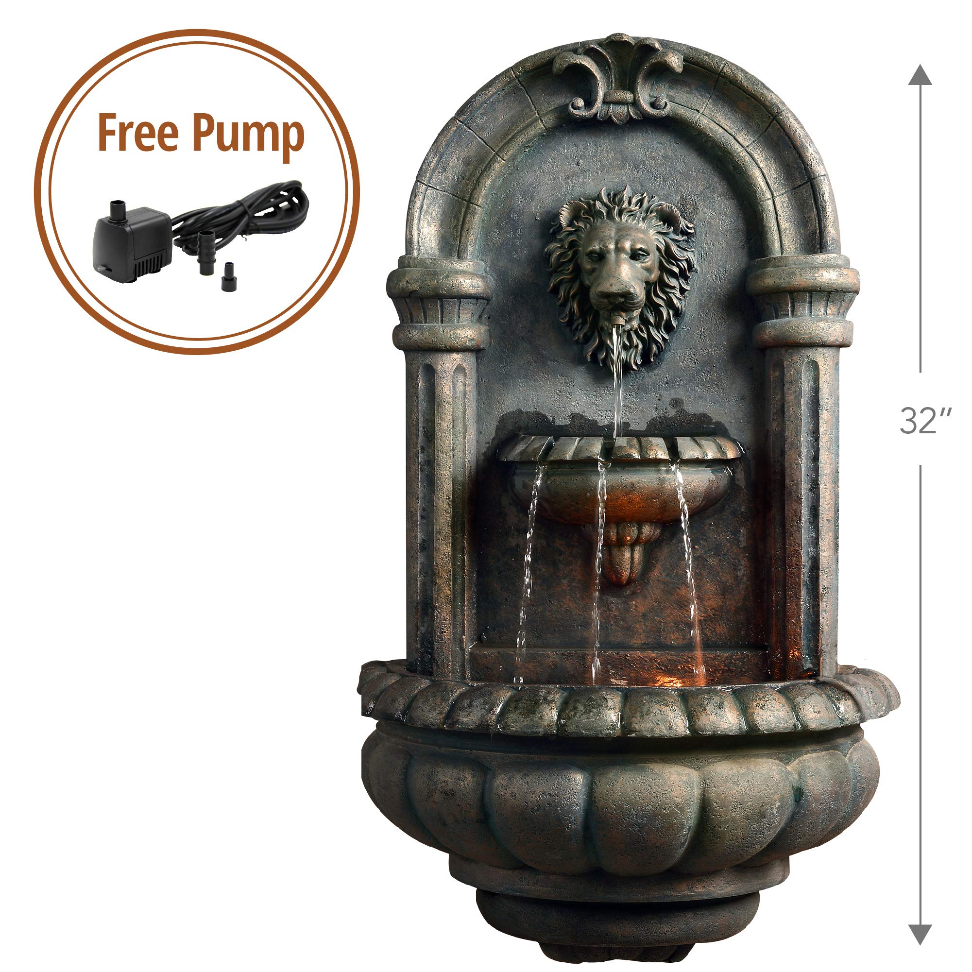 【Décor】Royal Lion Head Light Weight Wall Waterfall Fountain with LED Lights & Pump for Outdoor Patio Garden Backyard