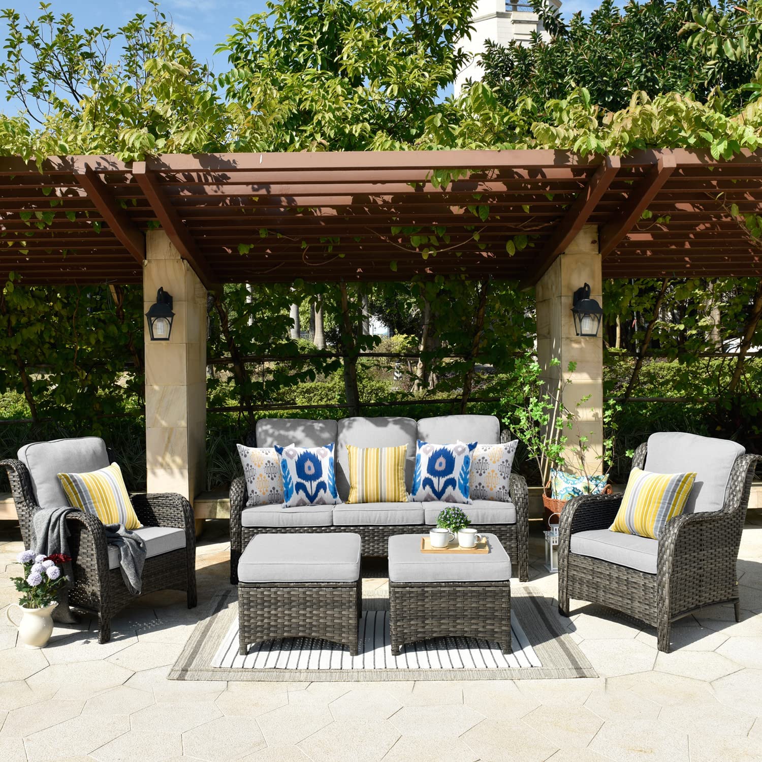 【Furniture】Patio Furniture Sets Outdoor Conversation Set All Weather Wicker High Back Couch with Ottomans