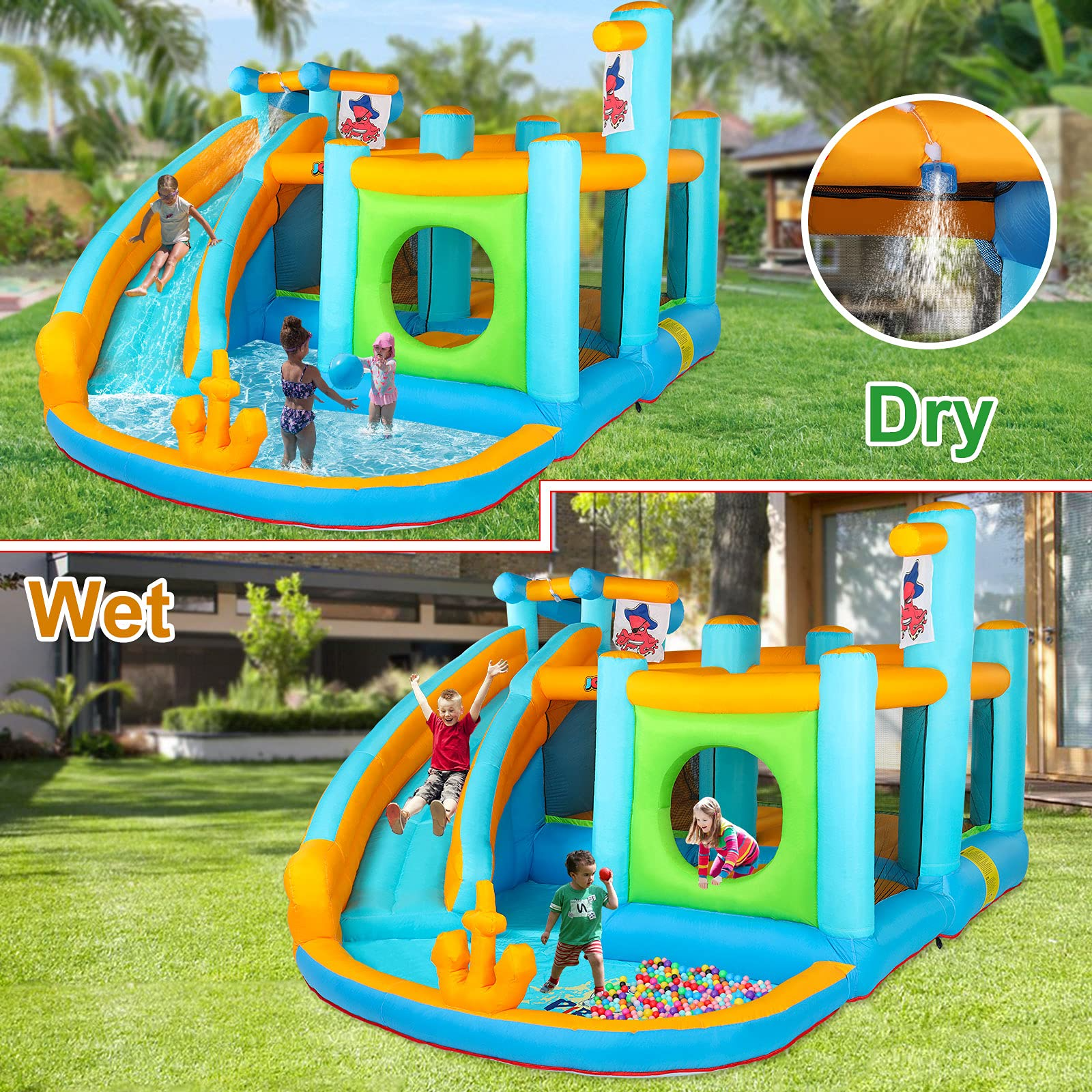 【Sports&Outdoors】Inflatable Water Slide Park, Pirate Themed Bounce House, Obstacle Course, Water Cannon