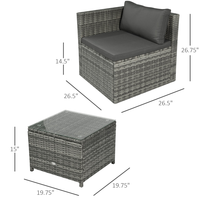 【Furniture】3 Pieces Patio PE Rattan Bistro Set Cushioned Armchair Sofa and Coffee Table Outdoor Furniture