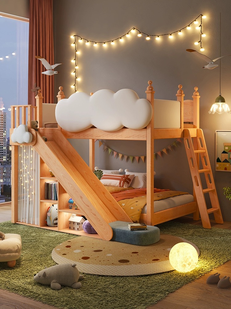 Bunk Beds Solid Wood Children's Castle Gong Tree House with Slide