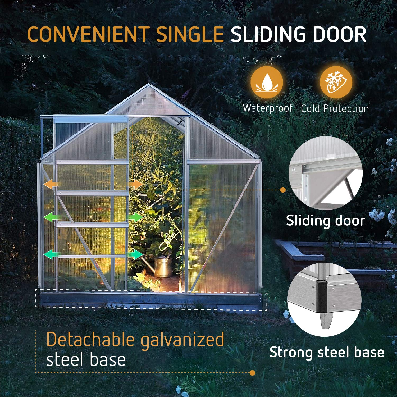 【Home&Garden】【BS】Aluminum Green House with Sliding Door and 2 Ventilation Window, 8.2x6.2x6.7 ft