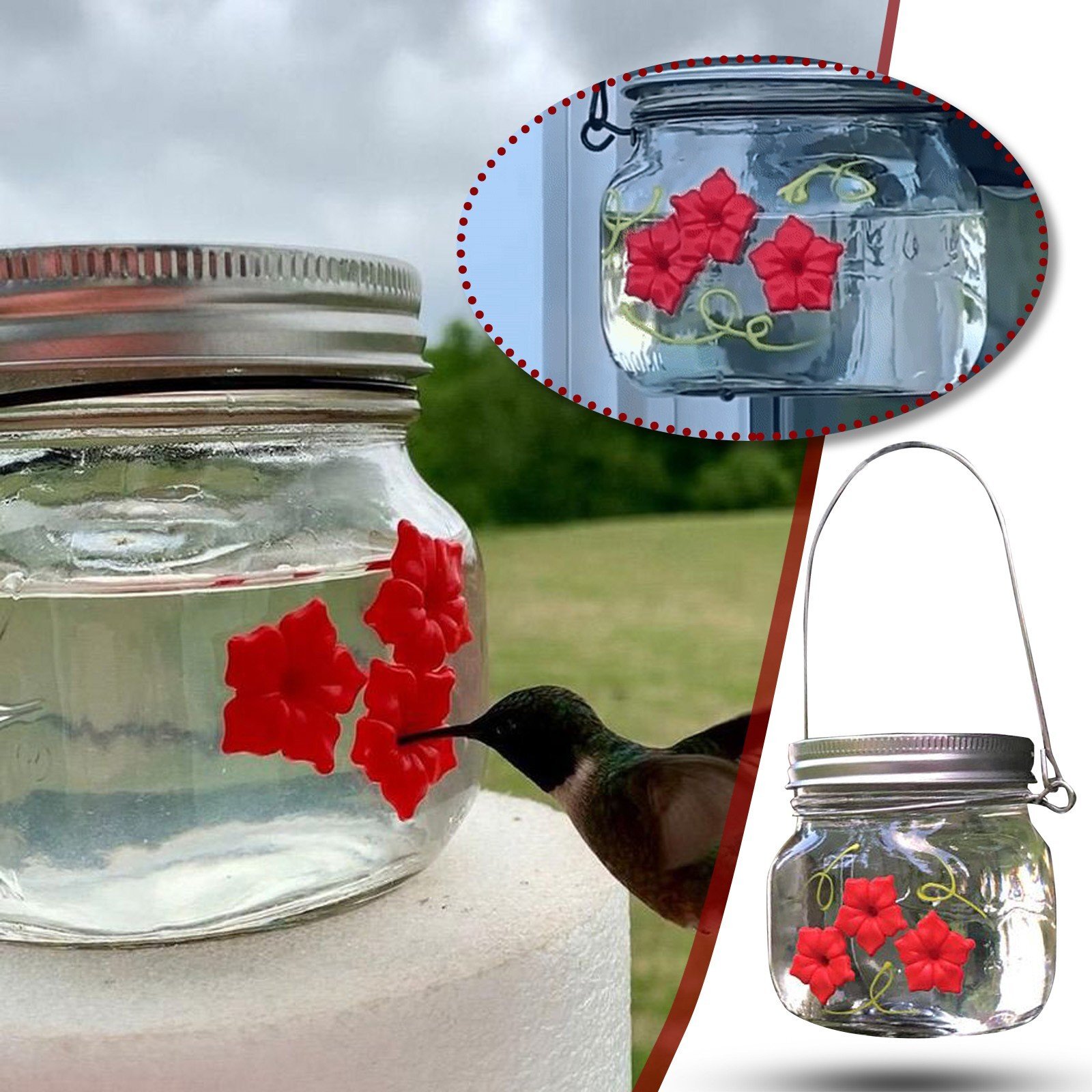 Mason Jar Hummingbird Feeder W/Three Ports
