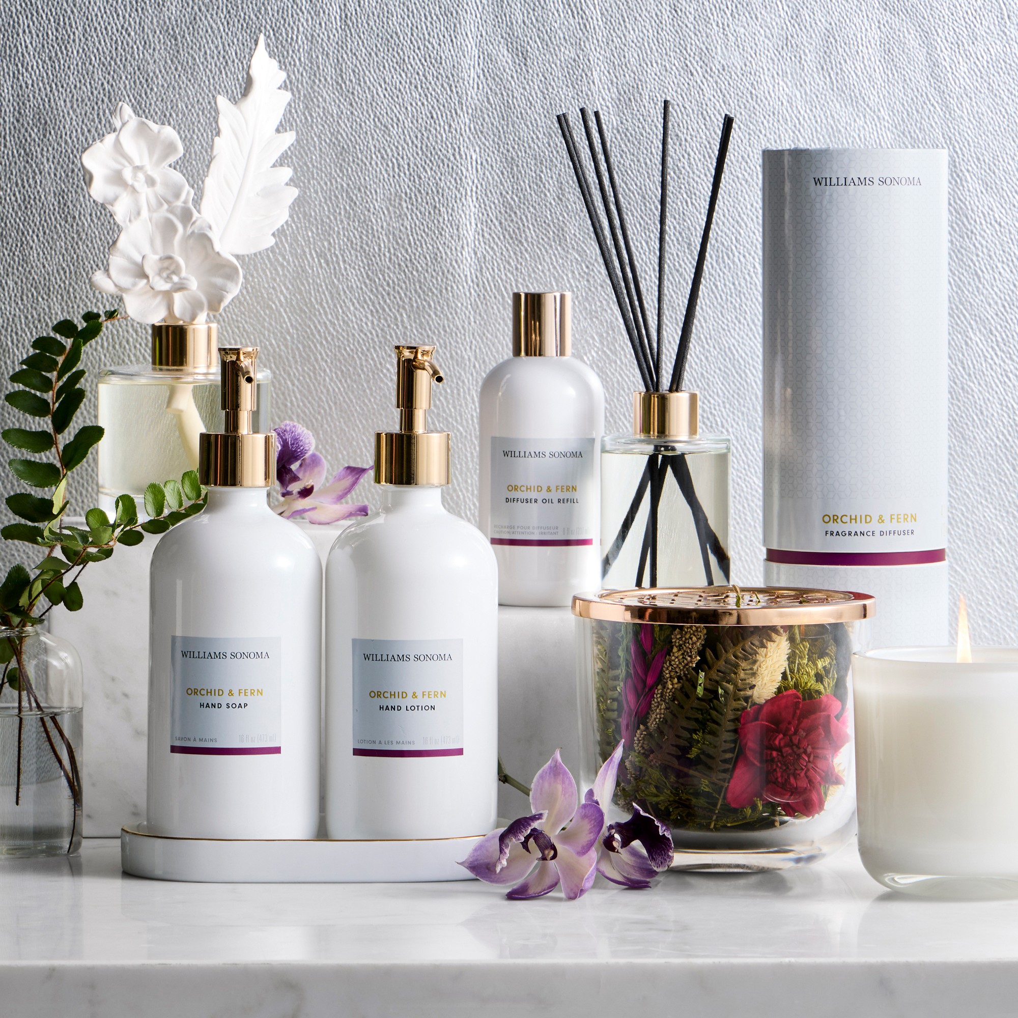 Williams Sonoma Crystal Flower Diffuser and Refill Set, Orchid & Fern
