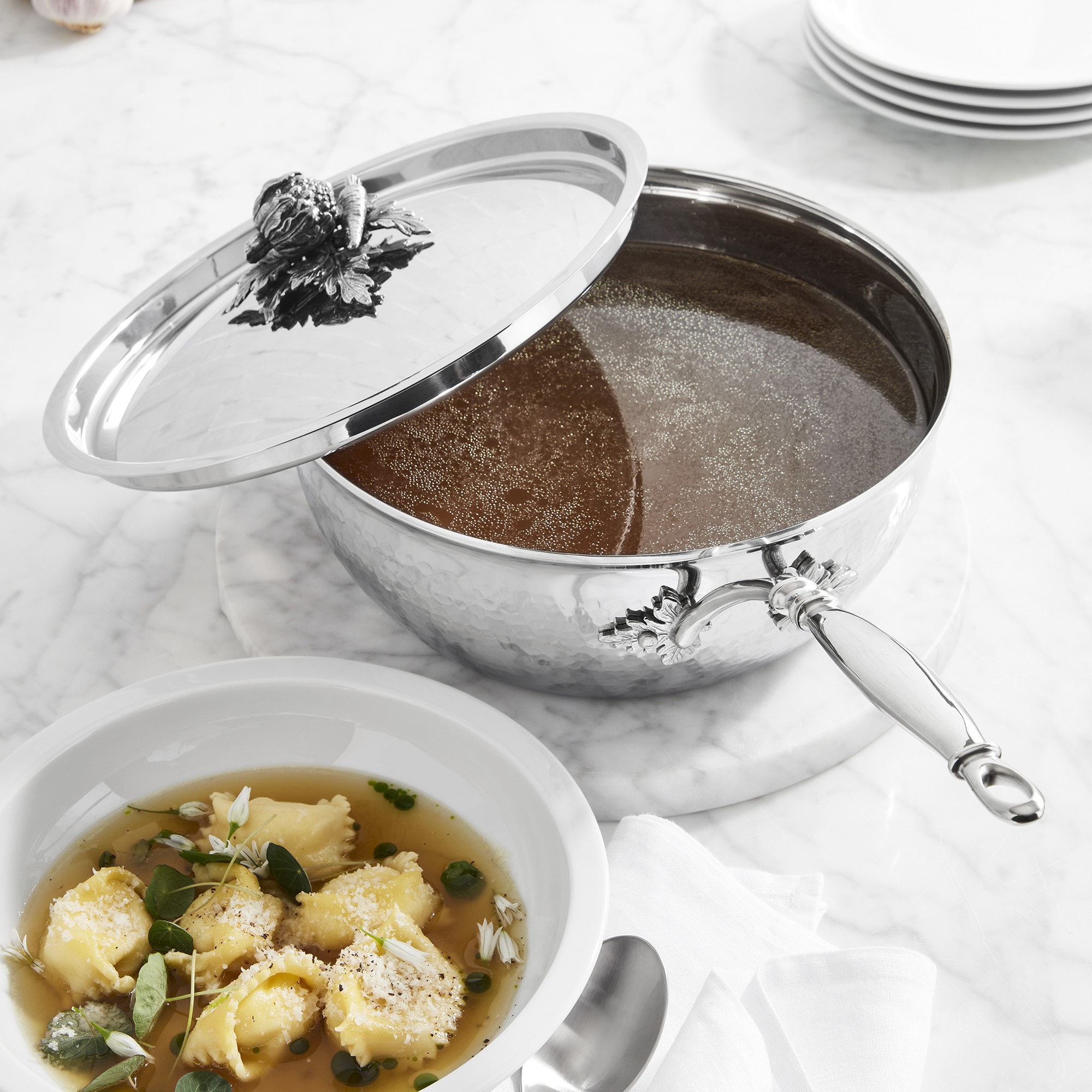 Ruffoni Opus Prima Hammered Stainless-Steel Covered Chef’s Pan with Cauliflower Knob, 4-Qt.