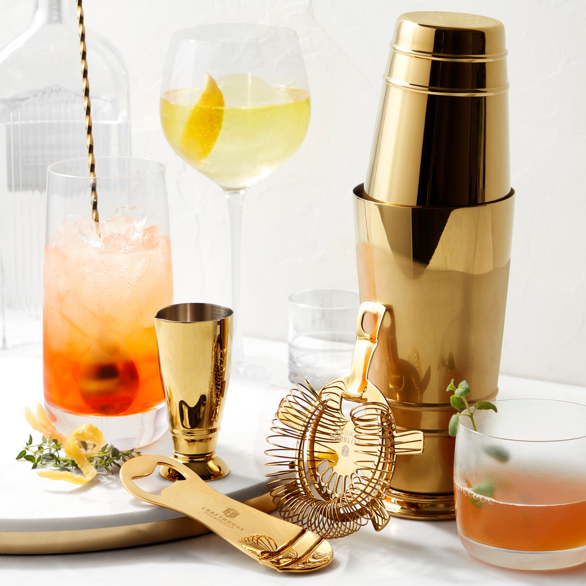 Crafthouse by Fortessa Ultimate Antique Brass Shaker and Tool Set